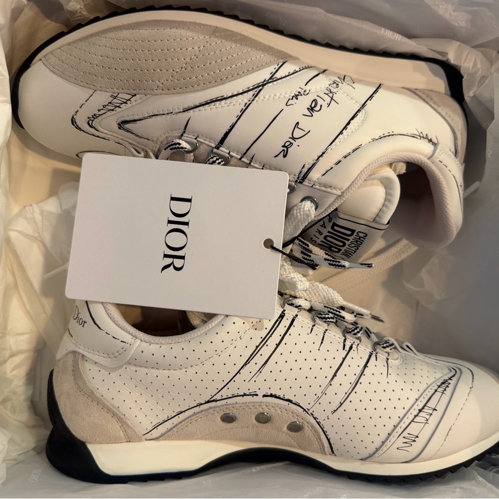 Dior White Leather Sneakers with Black Sketch Details